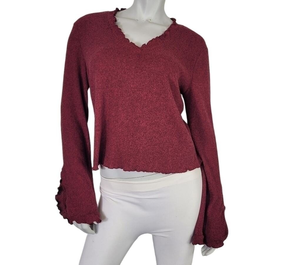 Gypsies & Moondust SZ L Top Red Lettuce Hem V Neck Peasant Bell Sleeves Boho